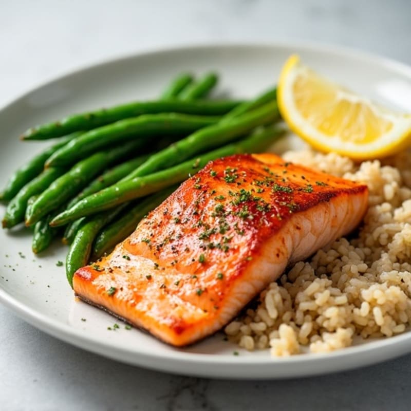 Seared Salmon with Garlic Green Beans and Brown Rice