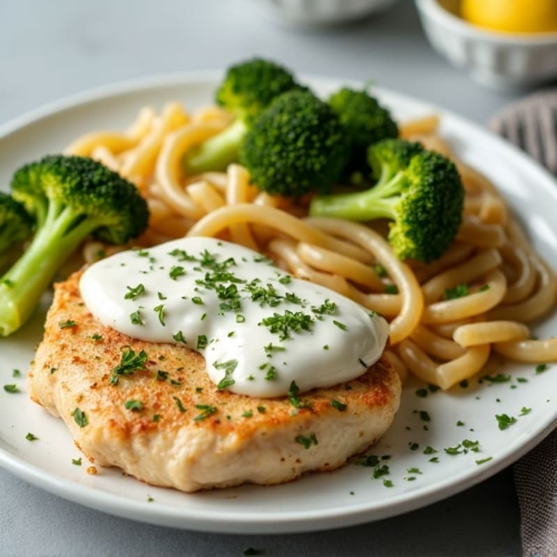 Creamy Lemon Garlic Chicken with Roasted Broccoli and Whole Wheat Pasta