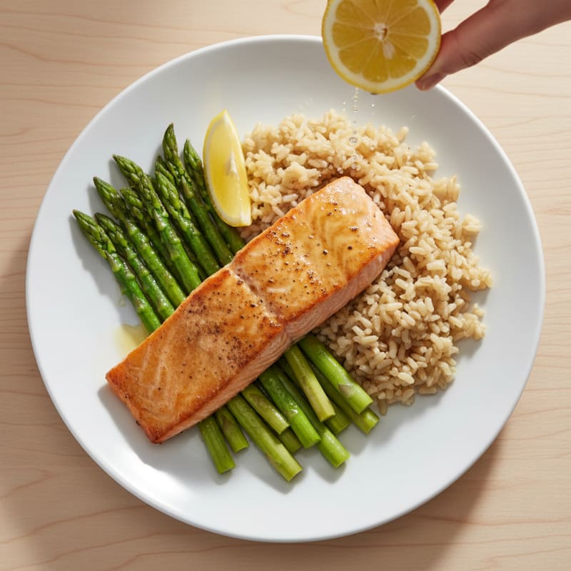Seared Salmon Filet with Steamed Asparagus and Brown Rice