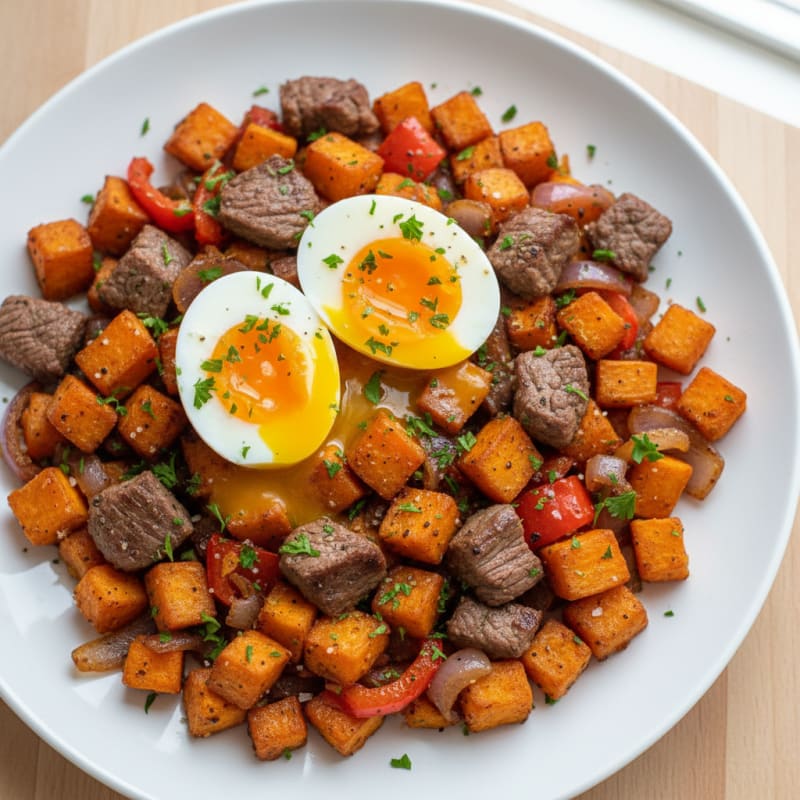 Steak and Egg Sweet Potato Hash