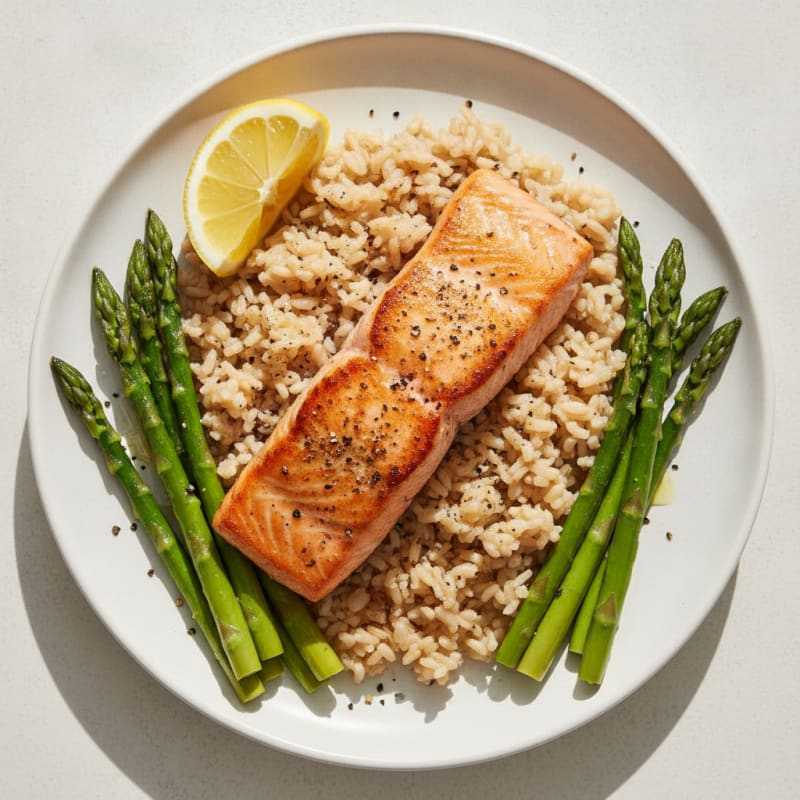 Seared Salmon with Steamed Asparagus and Brown Rice