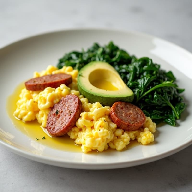 Egg White Scramble with Turkey Sausage and Sautéed Spinach