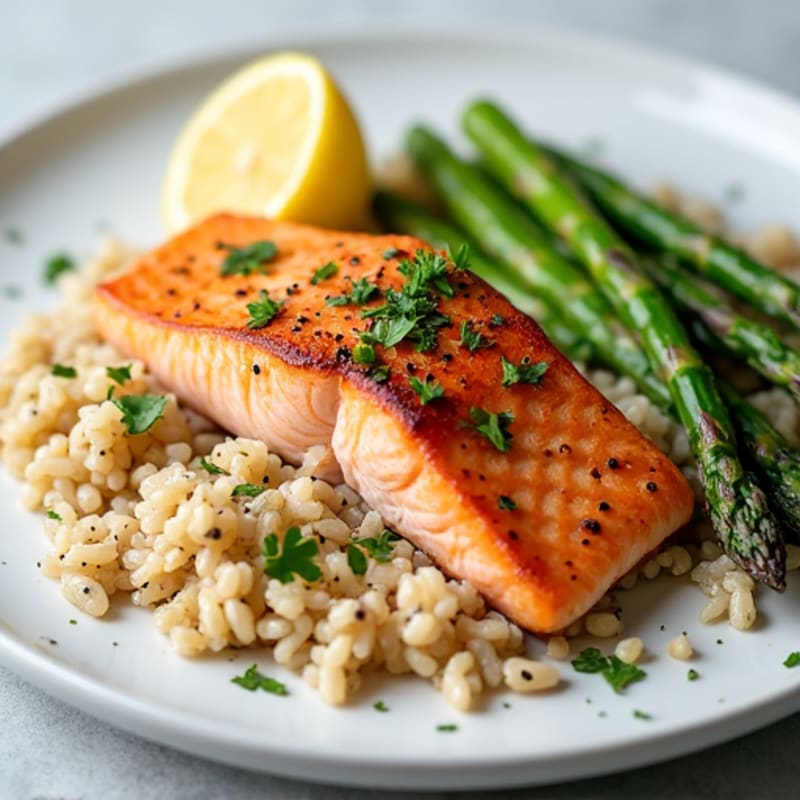 Baked Salmon with Roasted Asparagus and Brown Rice