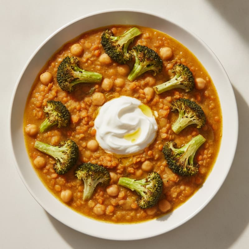 Creamy Lentil and Chickpea Stew with Roasted Broccoli