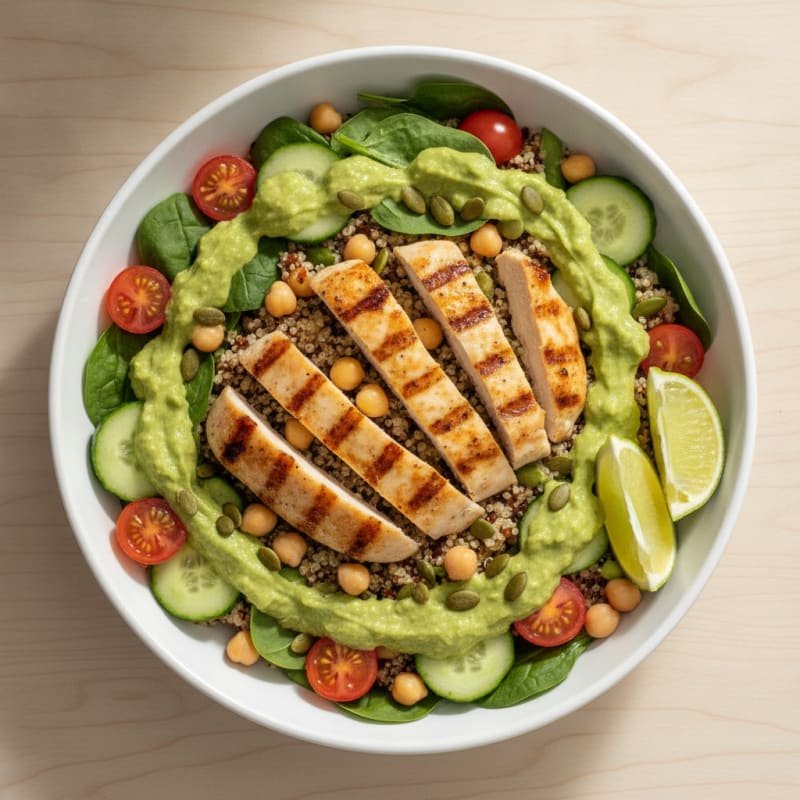 Grilled Chicken and Quinoa Power Bowl with Creamy Avocado Dressing