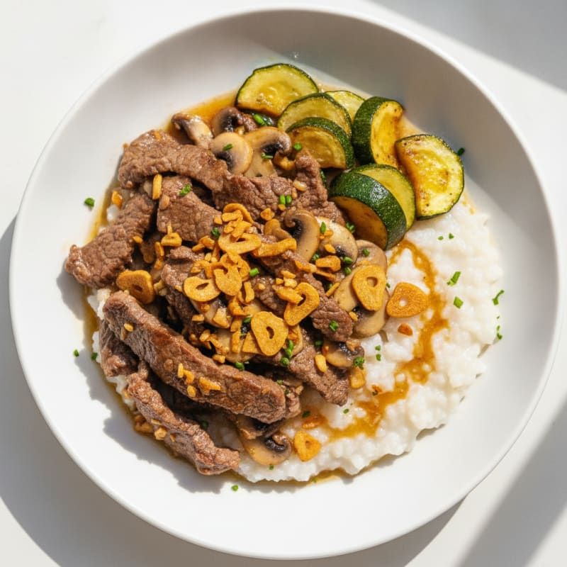 Seared Lean Beef Strips with Roasted Zucchini and Garlic Mushrooms