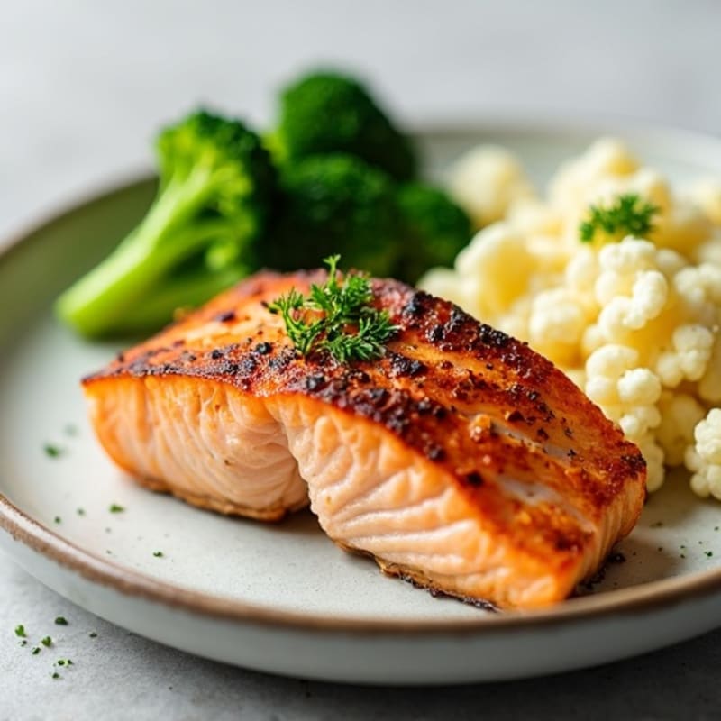 Seared Salmon with Steamed Broccoli and Garlic Cauliflower Mash