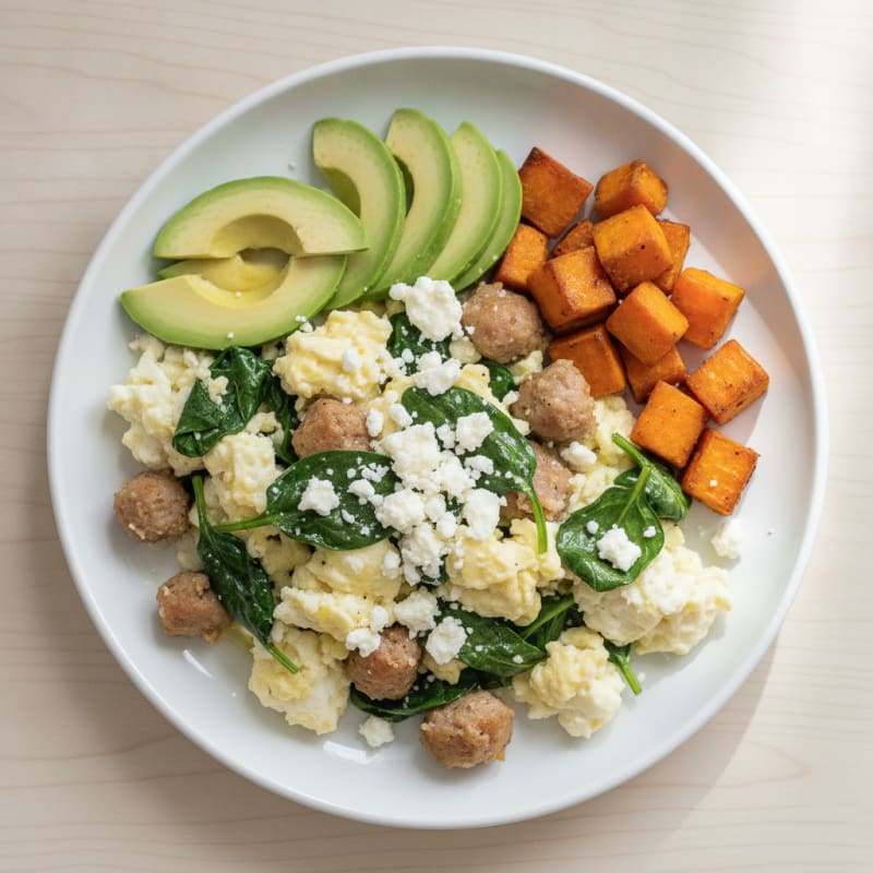 Egg White and Turkey Sausage Scramble with Spinach and Feta