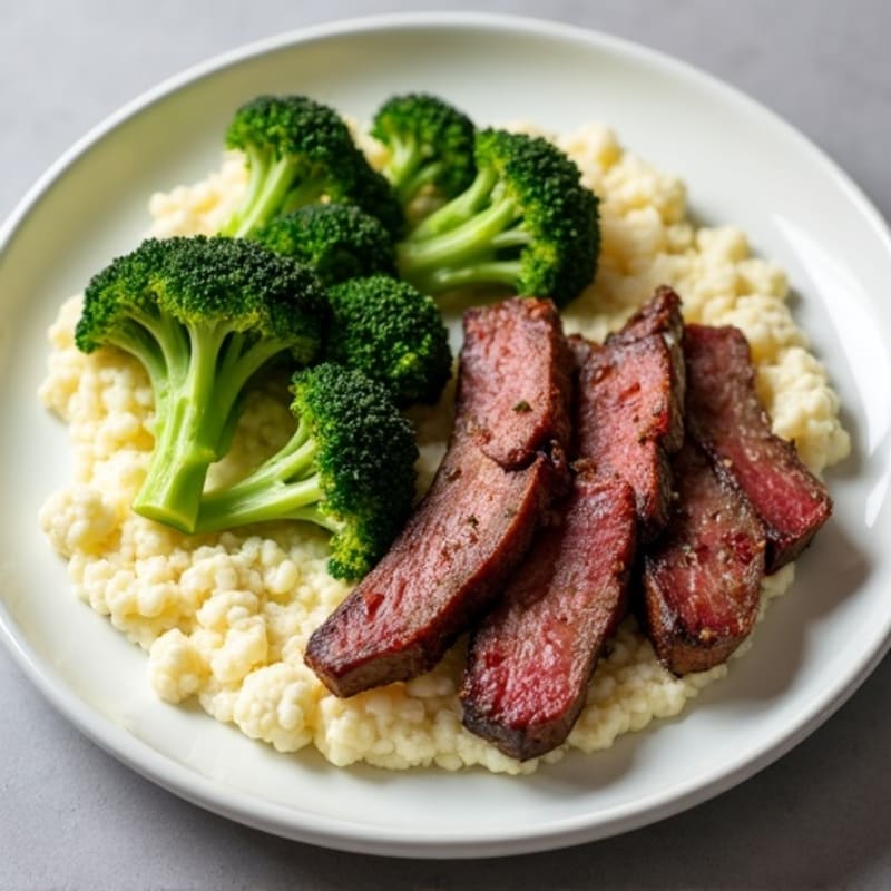 Seared Lean Beef Strips with Steamed Broccoli and Garlic Cauliflower Mash