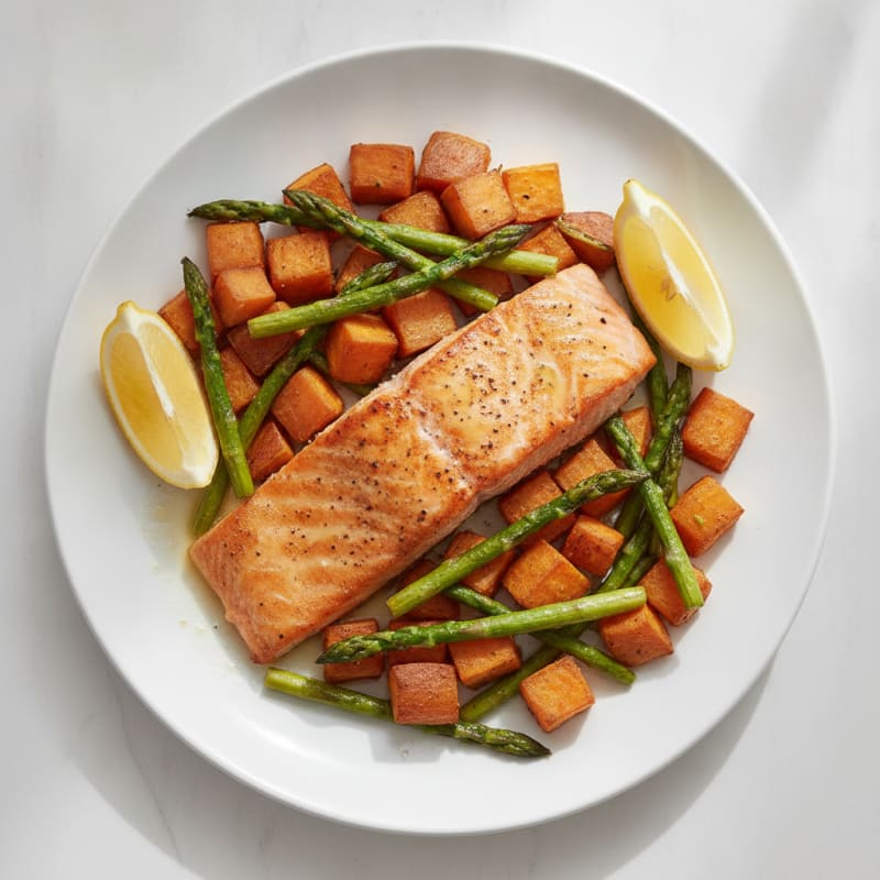 Seared Salmon Fillet with Roasted Sweet Potato and Asparagus