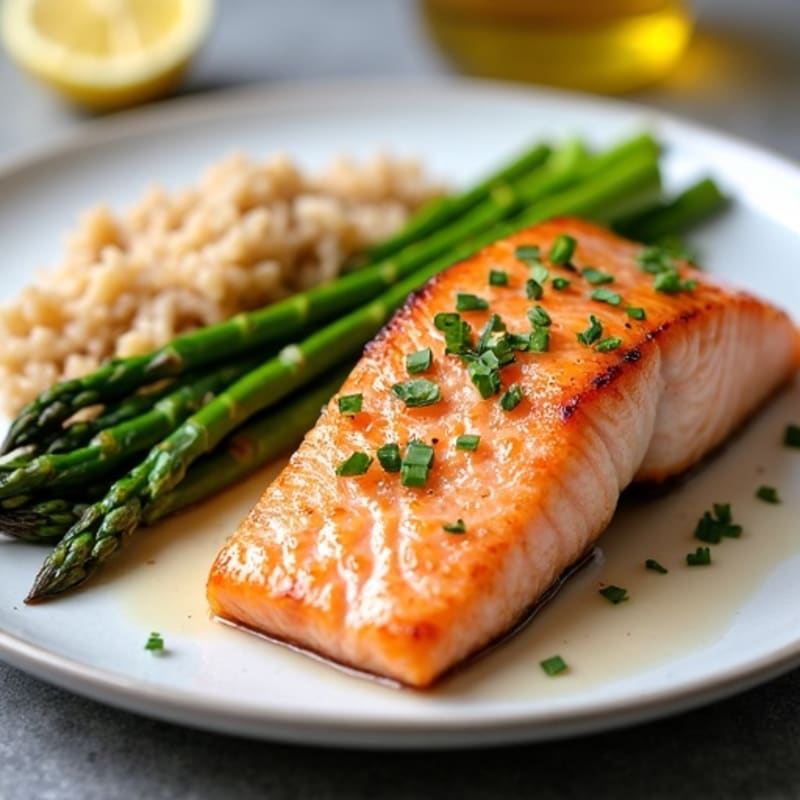 Seared Salmon with Steamed Asparagus and Brown Rice
