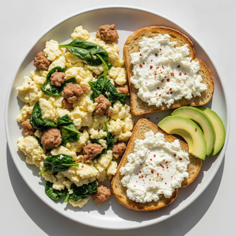 Scrambled Egg Whites with Turkey Sausage and Cottage Cheese Toast