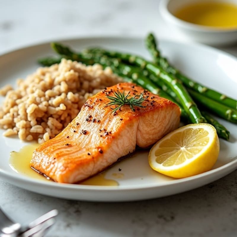 Pan Seared Salmon with Steamed Asparagus and Brown Rice