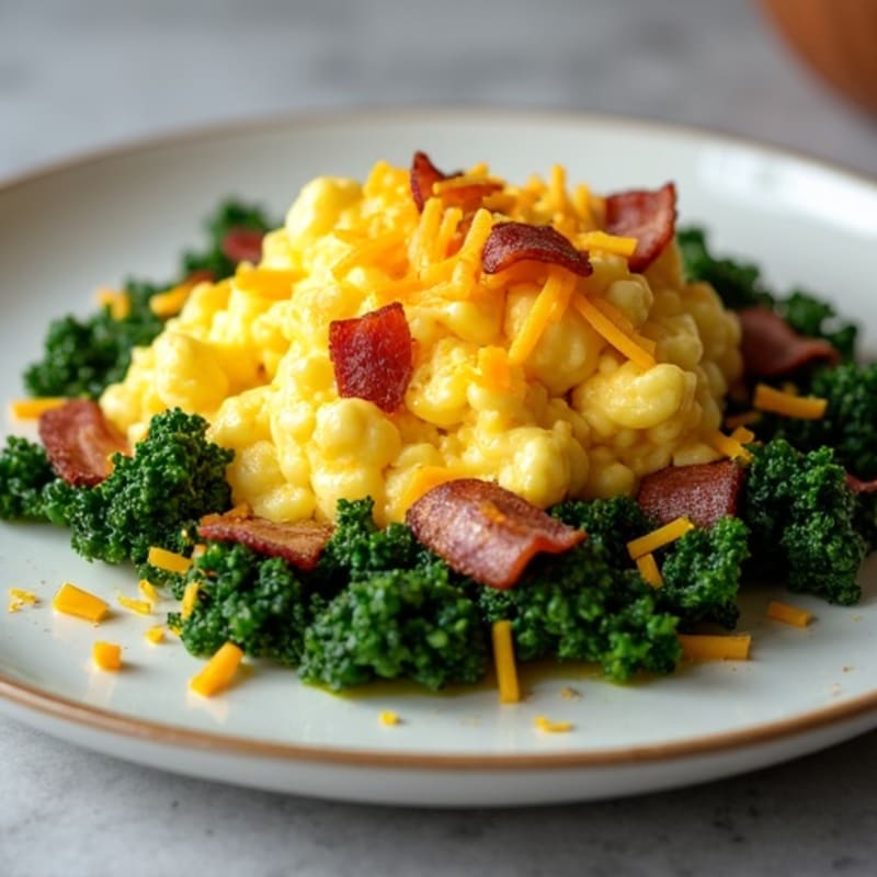 Fluffy Scrambled Eggs with Sautéed Greens and Crispy Turkey Bacon