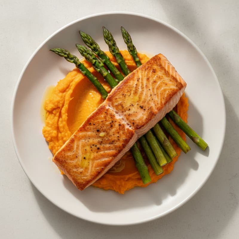 Seared Salmon Fillet with Roasted Asparagus and Sweet Potato Mash