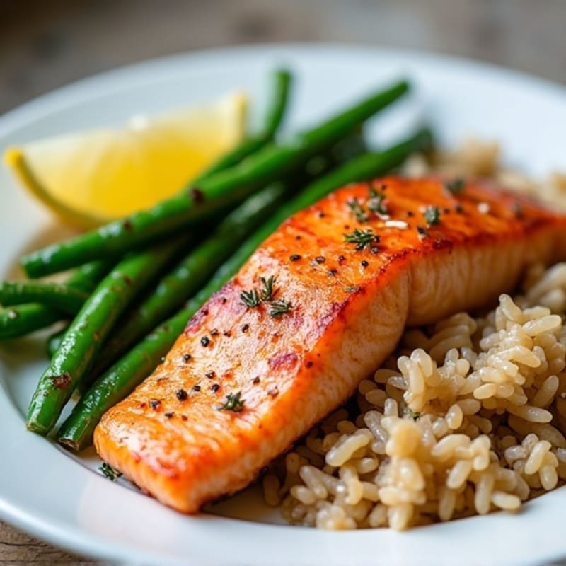 Seared Salmon with Garlic Green Beans and Brown Rice