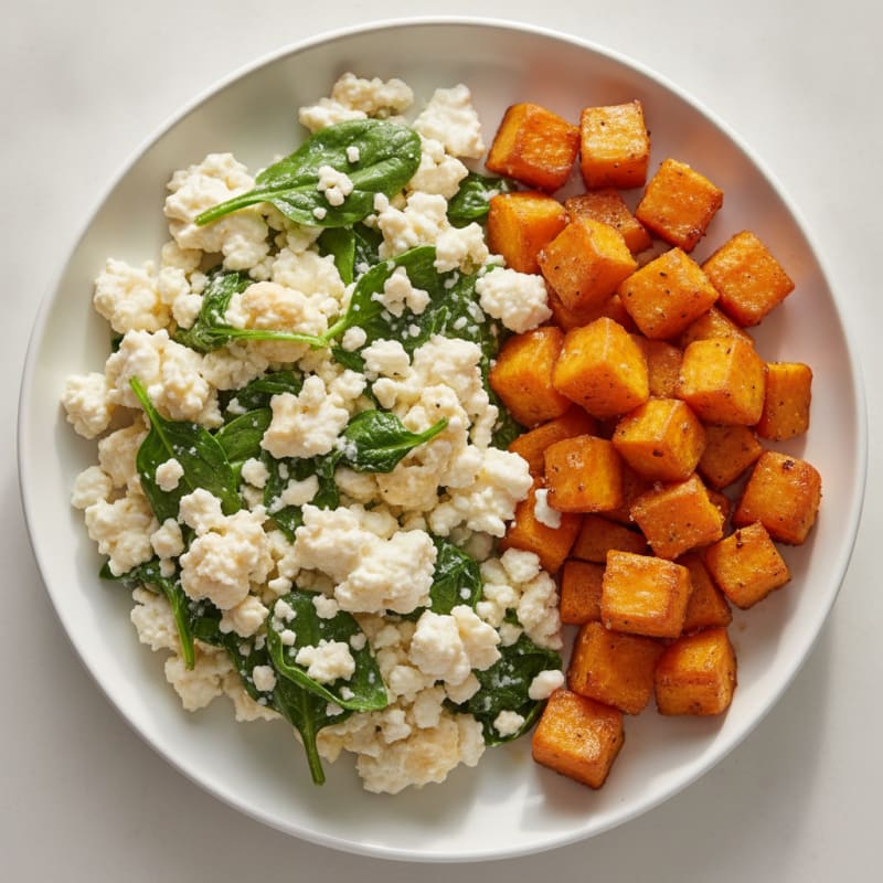 Cottage Cheese Scramble with Spinach and Roasted Sweet Potatoes