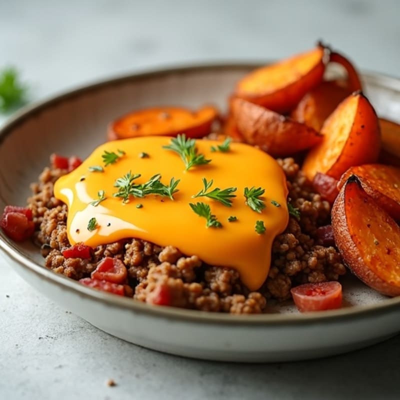 Smoky Turkey Bacon and Cheesy Ground Turkey with Crispy Roasted Sweet Potatoes