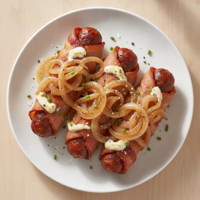 Bacon-Wrapped Hot Dogs with Caramelized Onions