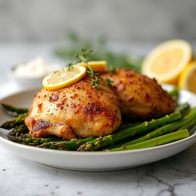 Crispy Lemon-Herb Roasted Chicken Thighs with Roasted Asparagus