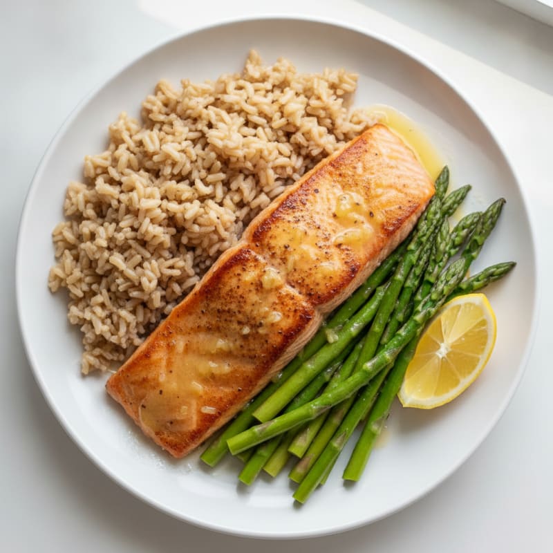 Seared Salmon Fillet with Steamed Asparagus and Brown Rice