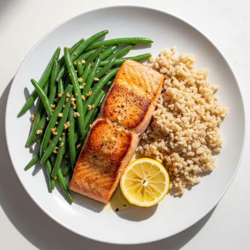 Seared Salmon Fillet with Garlic Green Beans and Brown Rice