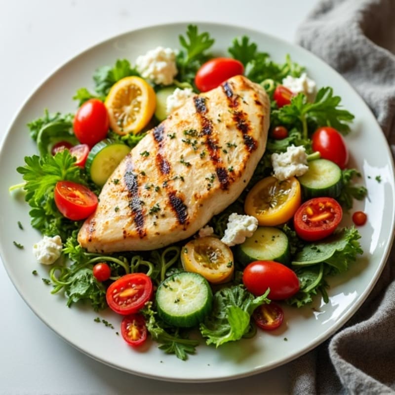 Lemon-Herb Grilled Chicken Salad with Crisp Vegetables and Creamy Feta