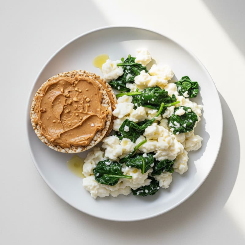 Egg White Scramble with Spinach and Rice Cakes with Peanut Butter