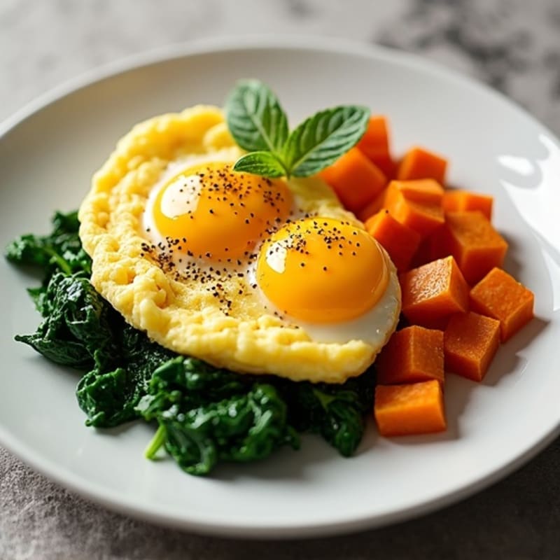 Fluffy Scrambled Eggs with Sautéed Spinach and Roasted Sweet Potato Hash