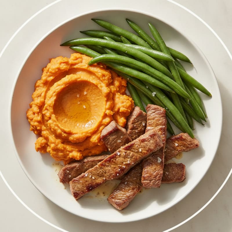 Seared Lean Beef Strips with Steamed Green Beans and Sweet Potato Mash