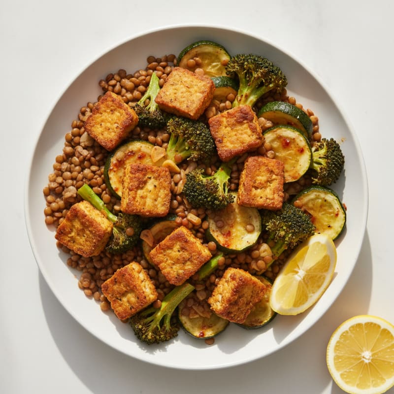 Crispy Tempeh Power Bowl with Roasted Vegetables and Lentils