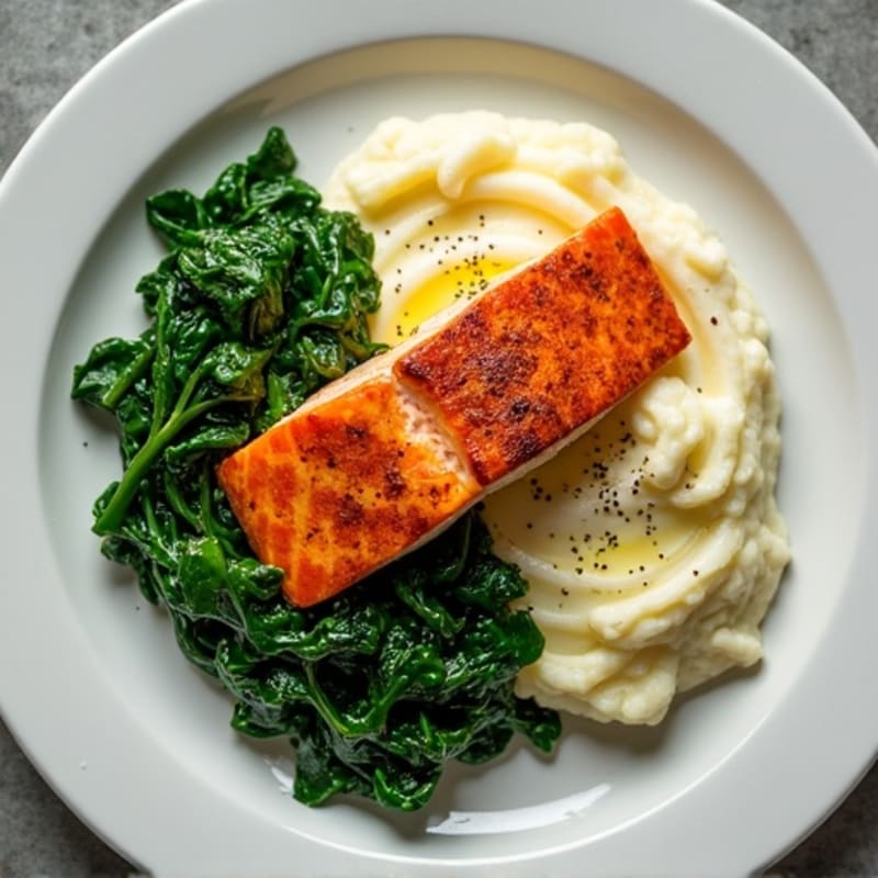 Seared Salmon with Garlic Spinach and Cauliflower Mash