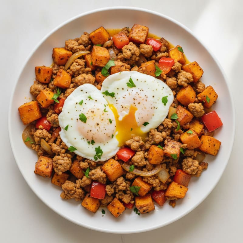 Savory Sweet Potato and Turkey Egg Hash