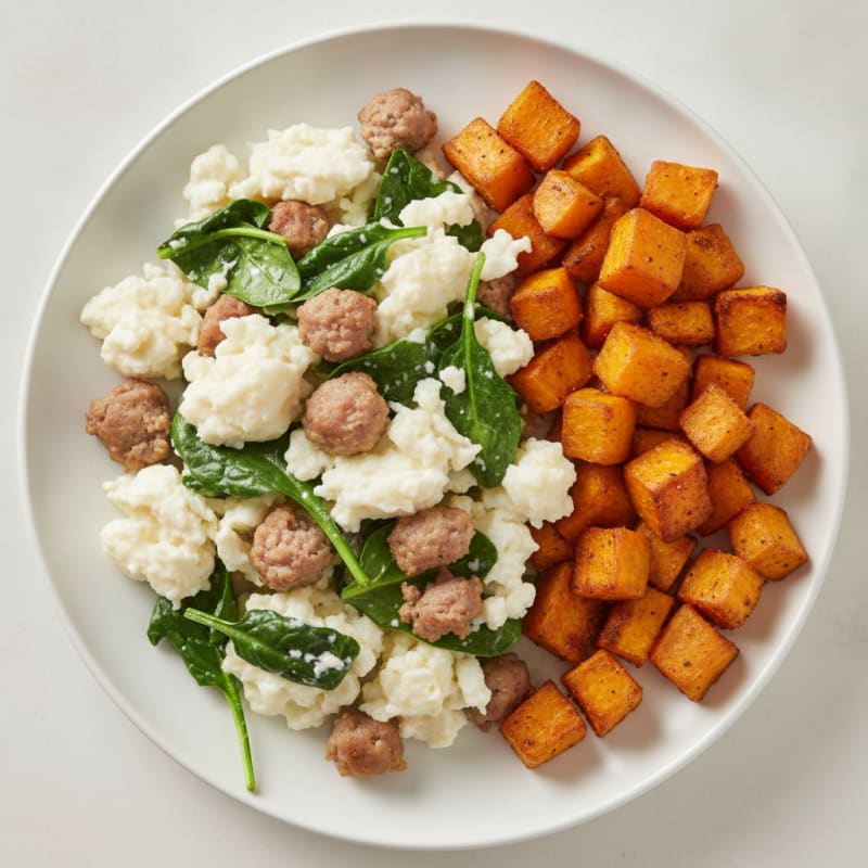 Egg White and Turkey Sausage Scramble with Spinach and Roasted Sweet Potato