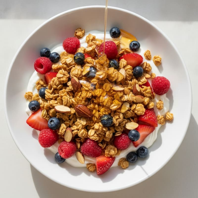 Greek Yogurt Parfait with Crunchy Almond Granola and Mixed Berries