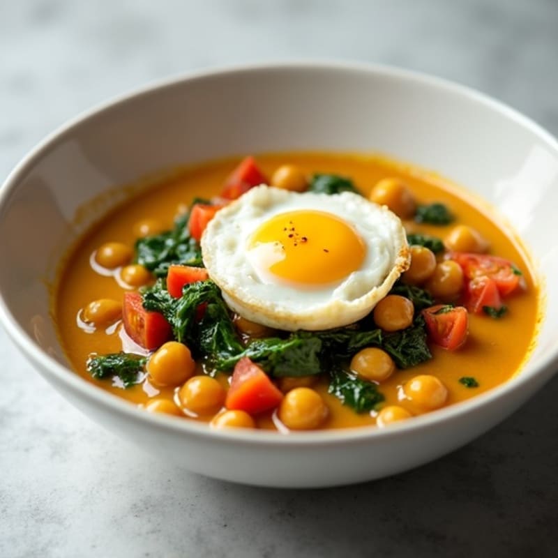 Creamy Coconut Curry Chickpea Stew with Poached Egg Topping