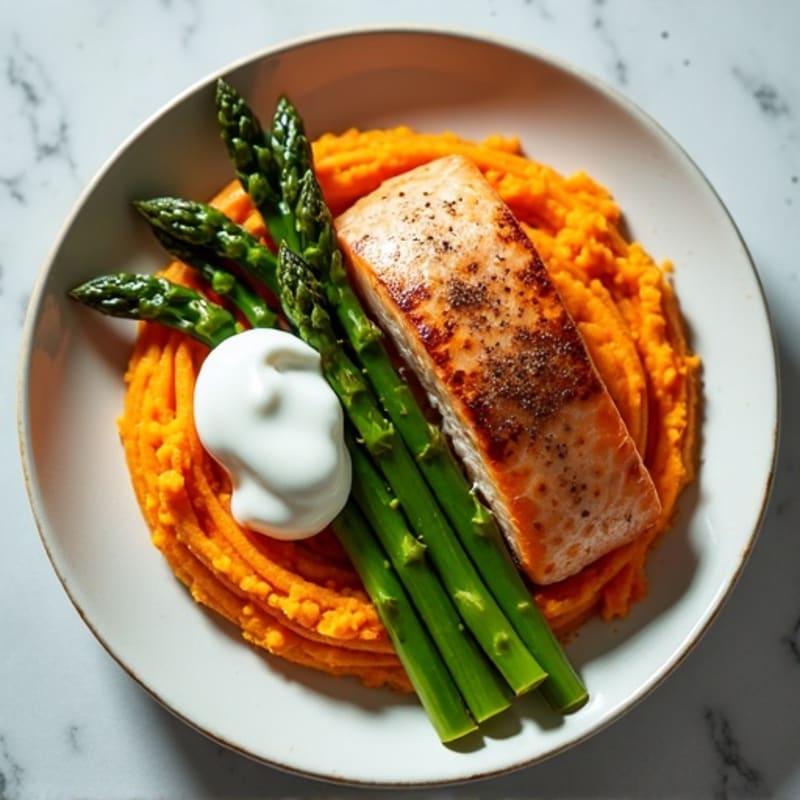 Seared Salmon with Roasted Asparagus and Sweet Potato Mash