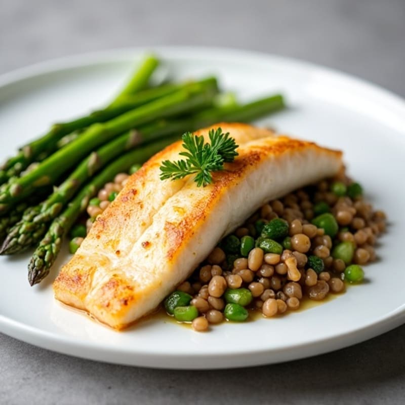 Seared Cod with Steamed Asparagus and Lentil Salad