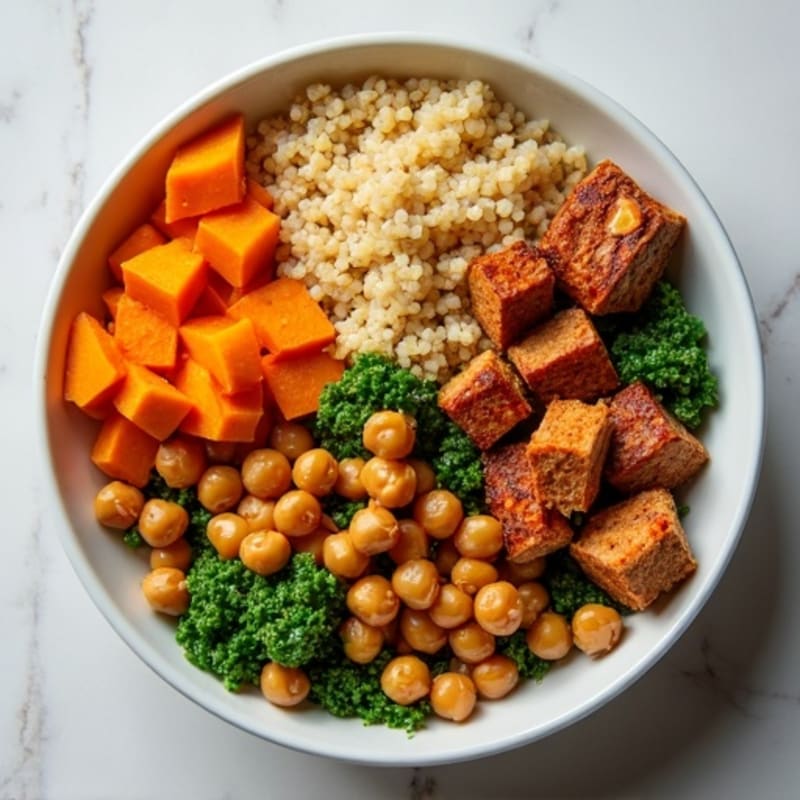 Roasted Sweet Potato Quinoa Bowl with Crispy Chickpeas and Tofu
