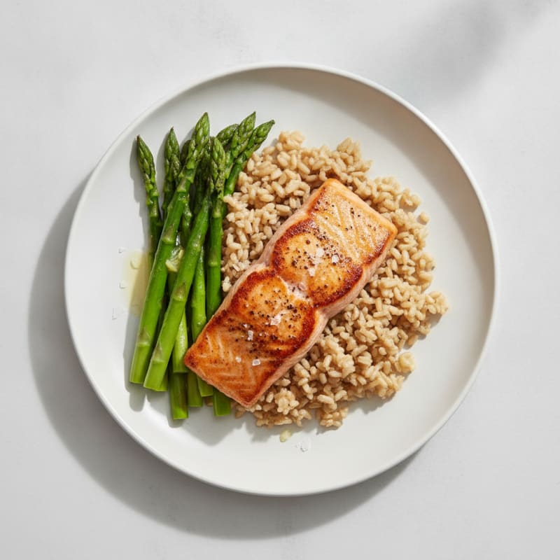 Seared Salmon with Steamed Asparagus and Brown Rice