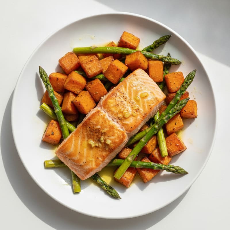 Seared Salmon with Roasted Sweet Potatoes and Asparagus