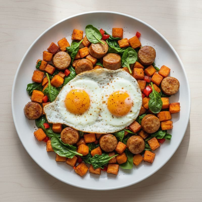 Crispy Chicken Sausage and Sweet Potato Hash with Spinach and Eggs