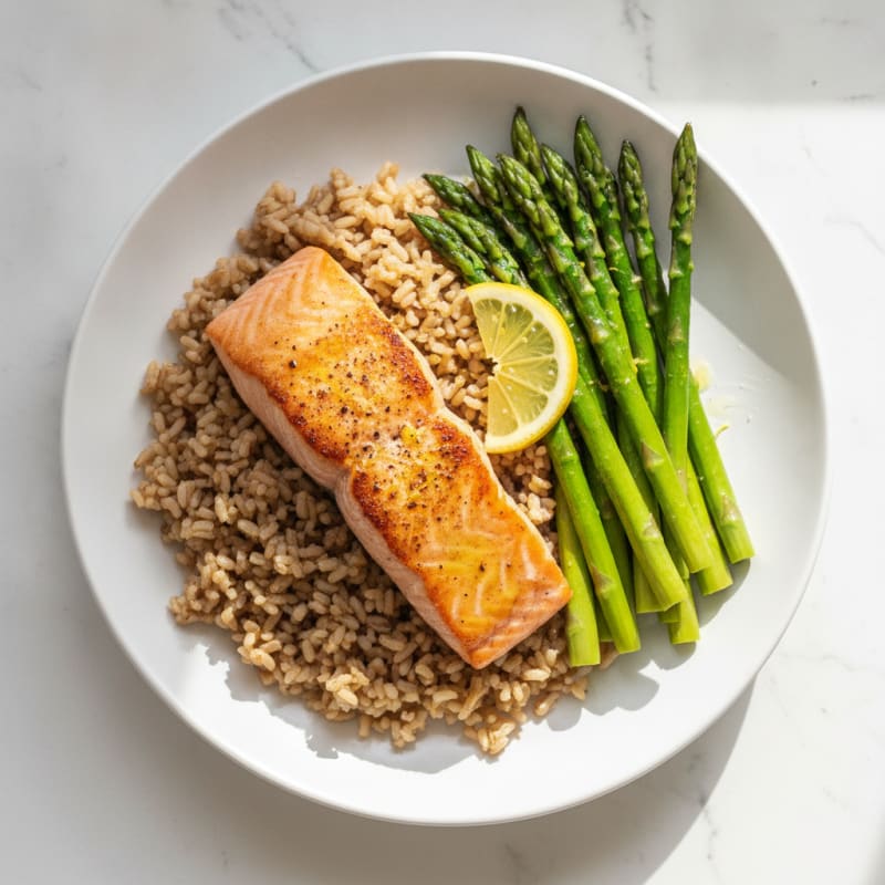 Seared Salmon with Steamed Asparagus and Brown Rice