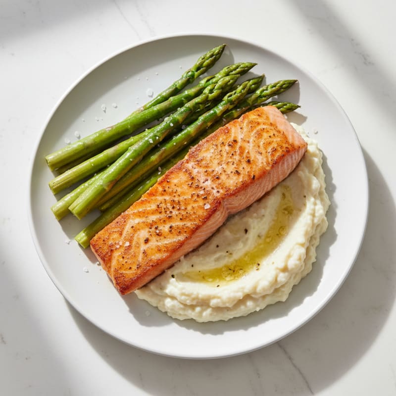 Seared Salmon with Steamed Asparagus and Garlic Cauliflower Mash