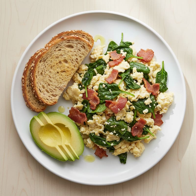 Egg White Scramble with Turkey Bacon and Sautéed Spinach