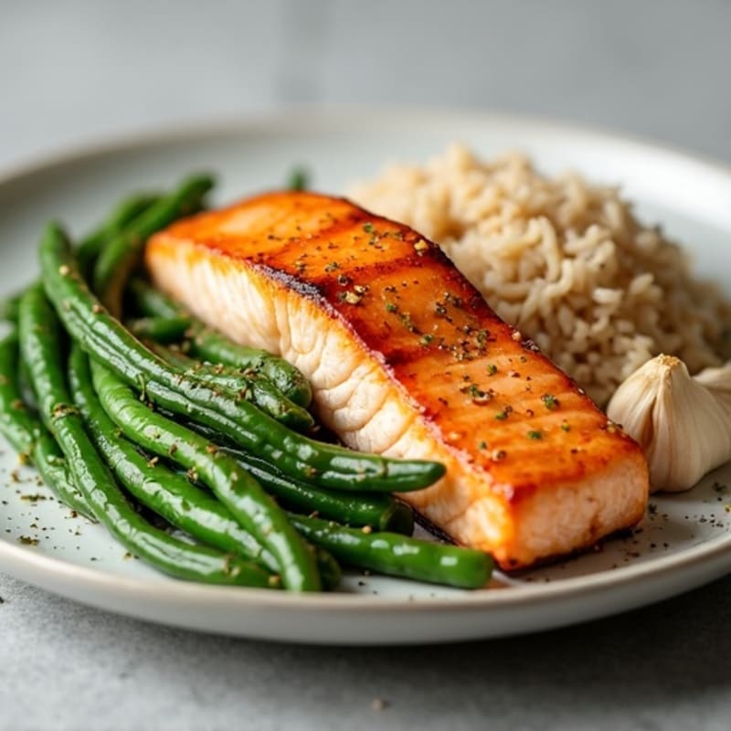 Seared Salmon Fillet with Garlic Green Beans and Brown Rice