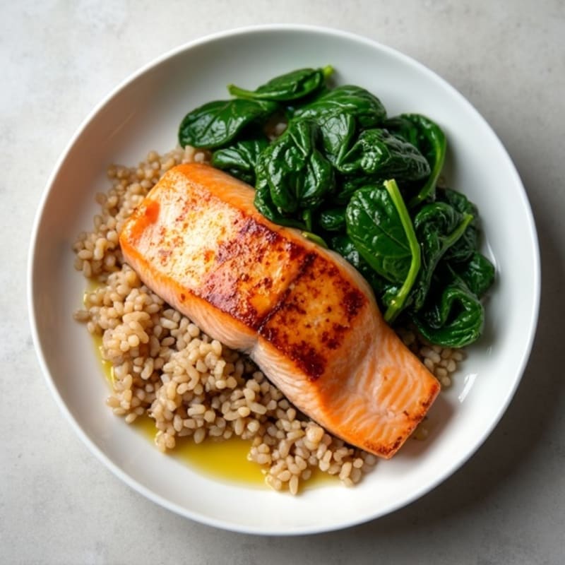 Seared Salmon with Garlic Spinach and Brown Rice