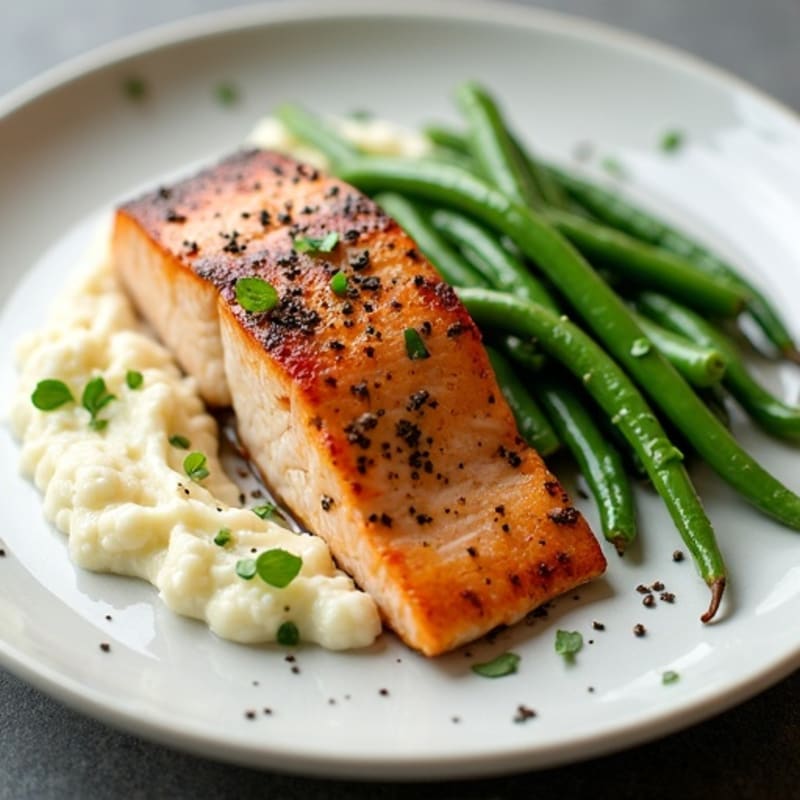 Seared Salmon with Garlic Green Beans and Cauliflower Mash