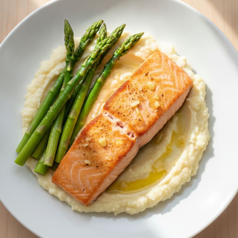 Seared Salmon with Steamed Asparagus and Cauliflower Mash