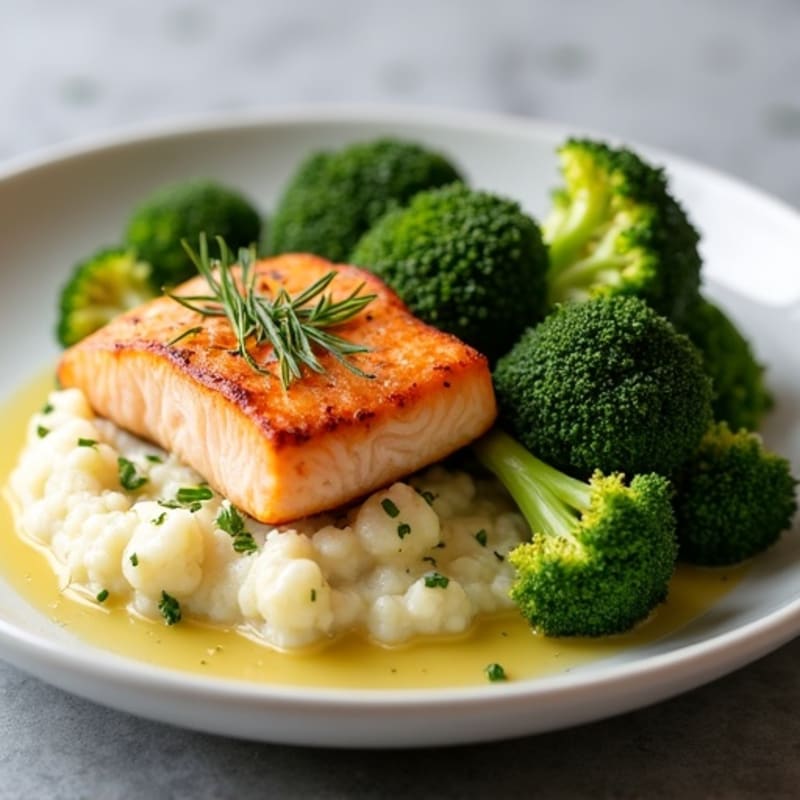 Seared Salmon with Roasted Broccoli and Garlic Mashed Cauliflower
